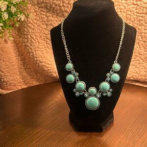 Faux turquoise & blue rhinestones on silver tone chain